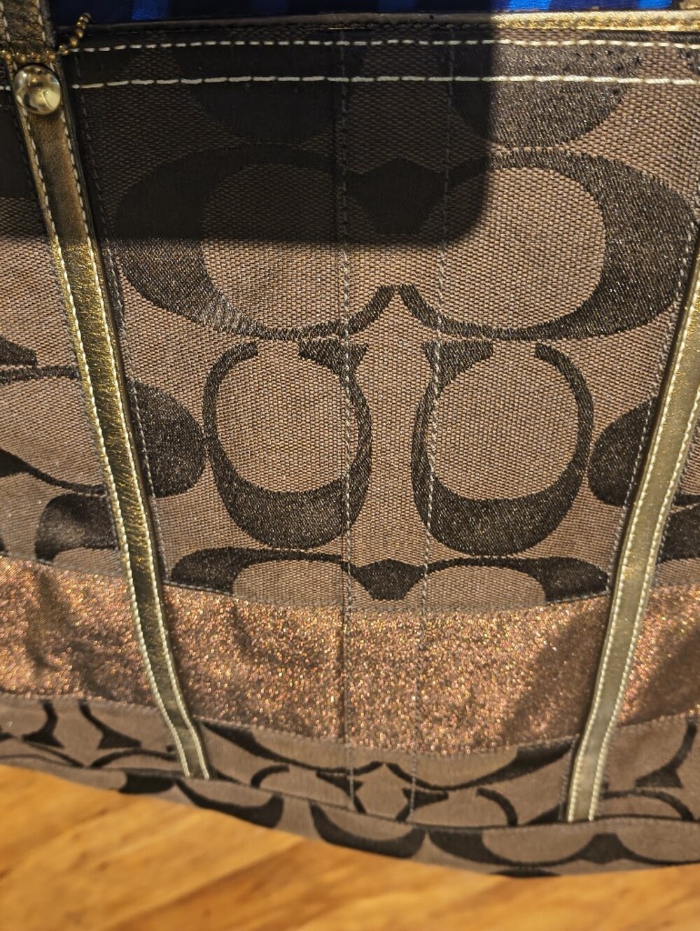 Coach Black Signature Tote with Metallic Trim - Picture 3 of 4